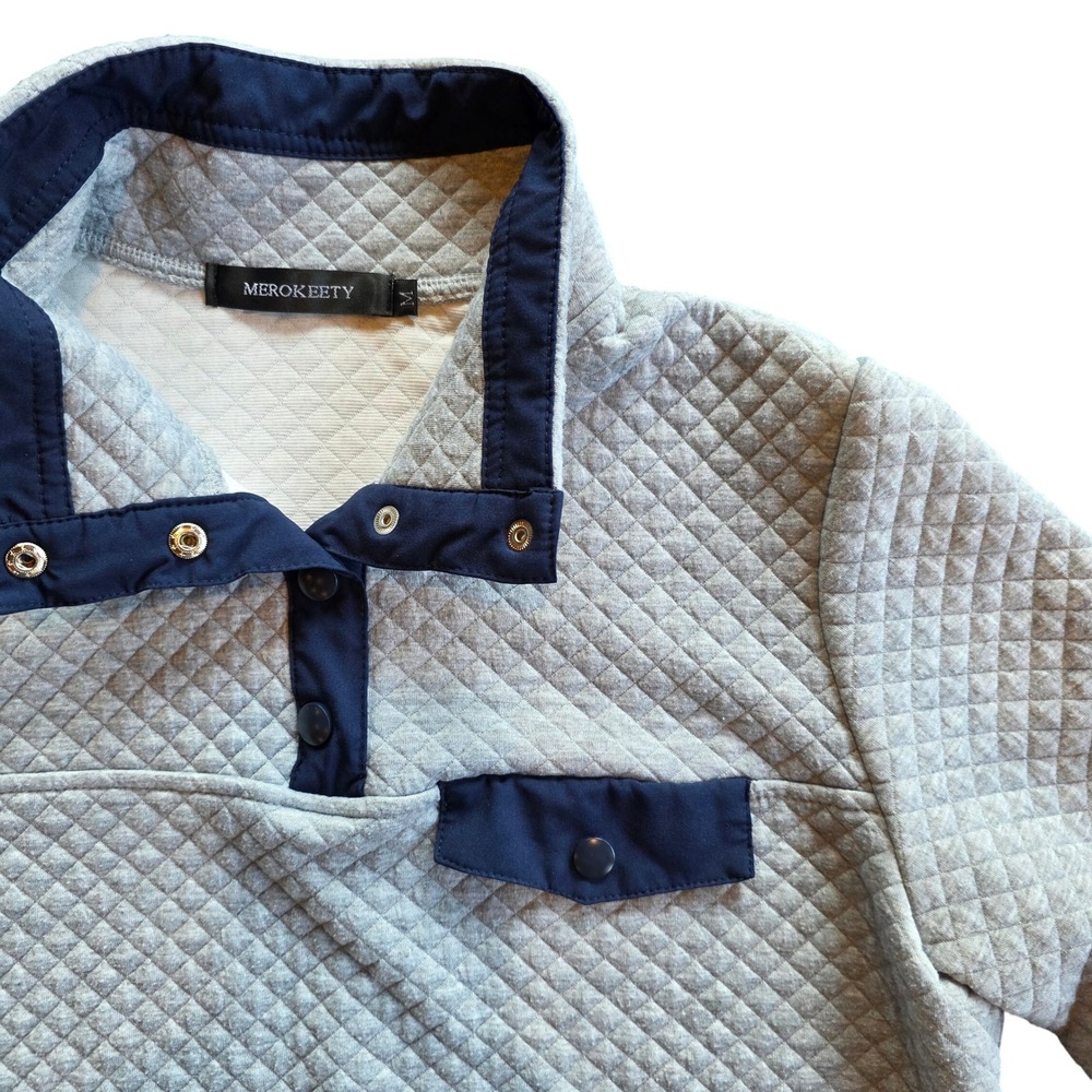Womens Quilted Pullover Sweatshirt Mock Neck Button Pocket Gray Casual‎